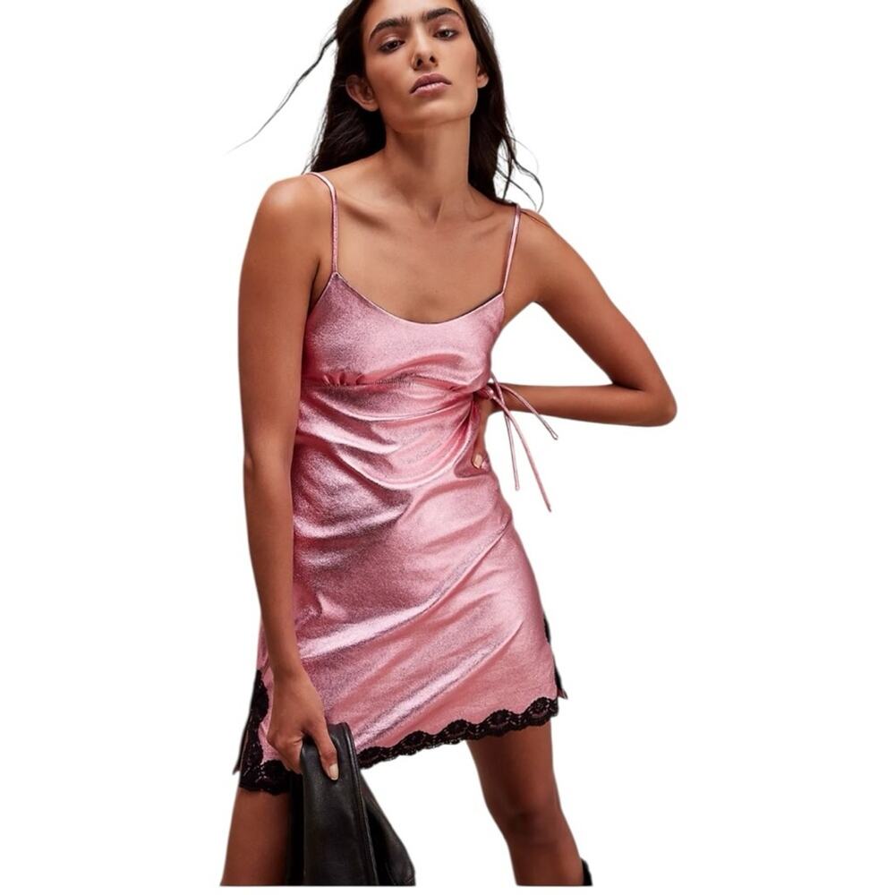 Free People x Anna Sui Sleeveless Leather Mini Dress Metallic‎ Pink Size 6 - Picture 5 of 10